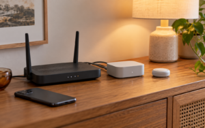 Router, centrala i bezprzewodowy przycisk na komodzie — ilustracja smart home bez internetu.