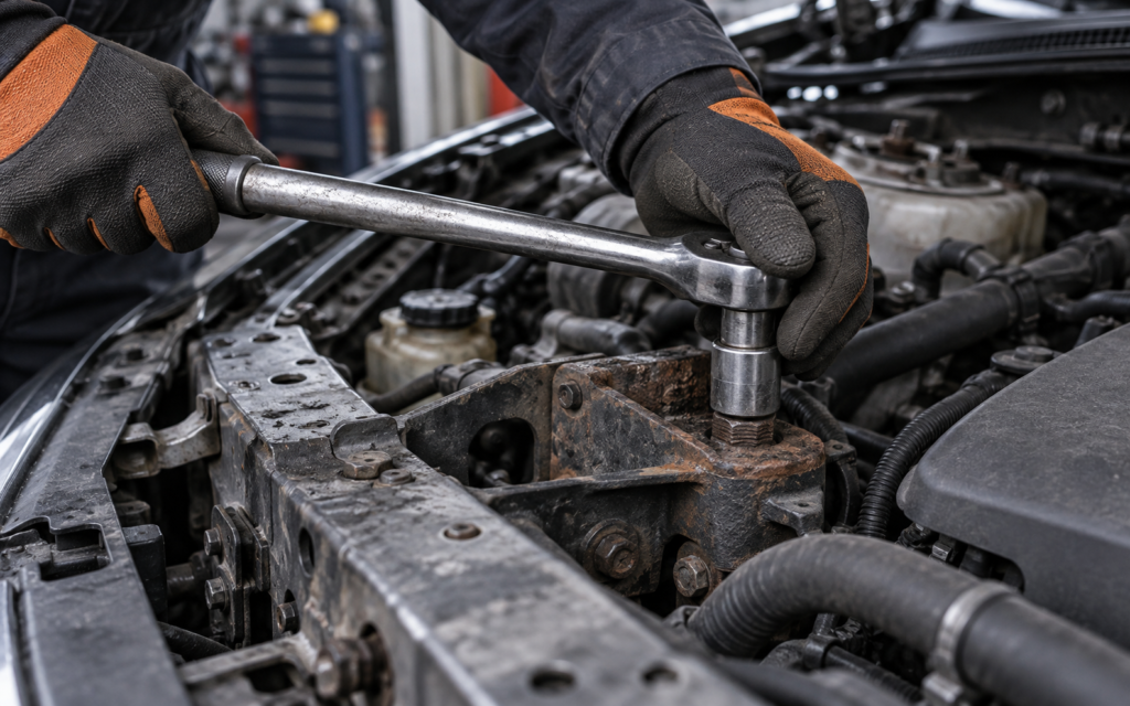 Dłonie mechanika z nasadką osadzoną na zapieczonej śrubie w samochodzie.