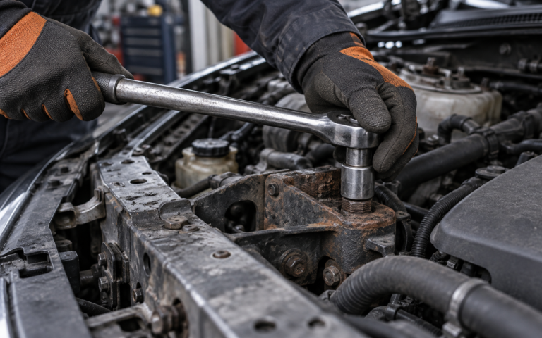 Dłonie mechanika z nasadką osadzoną na zapieczonej śrubie w samochodzie.