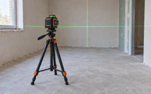 Laser krzyżowy na stabilnym statywie wyświetlający zielone linie na ścianach remontowanego pomieszczenia.