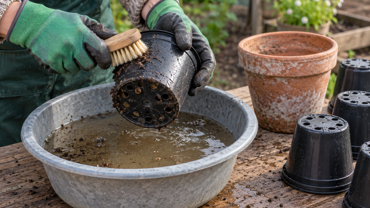Osoba w rękawicach czyści szczotką plastikową doniczkę nad miską; obok stoją doniczka z terakoty i umyte pojemniki.