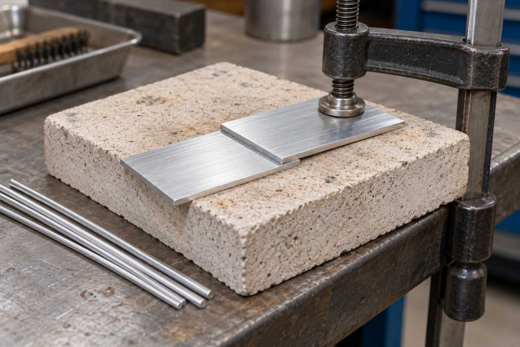 Dwa niewielkie aluminiowe elementy ustawione na zakładkę i zamocowane ściskiem na niepalnym podłożu, obok pręty spoiwa do próbnego lutowania.