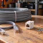 Zwój szarego kabla Ethernet, patchcord z wtykami RJ45, moduł keystone i odsłonięte skręcone pary żył na drewnianym blacie.