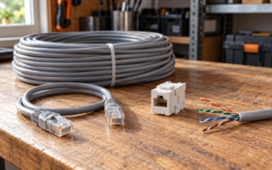Zwój szarego kabla Ethernet, patchcord z wtykami RJ45, moduł keystone i odsłonięte skręcone pary żył na drewnianym blacie.