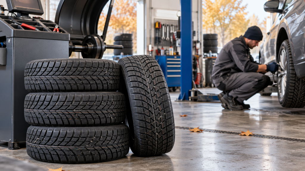 wulkanizator wymieniający oponę letnią na zimową
