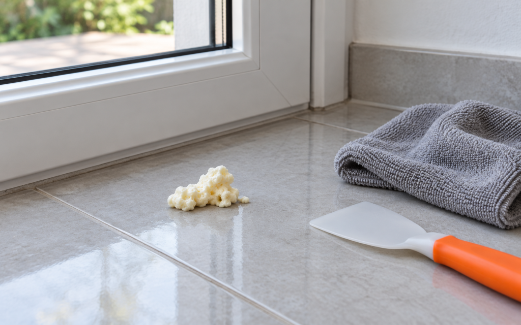 Niewielka plama utwardzonej pianki montażowej na szarej płytce przy białej ramie okna, obok miękka ściereczka i plastikowa szpatułka.
