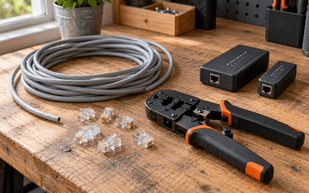 Przewód Ethernet, przezroczyste wtyki RJ45, zaciskarka i tester kabli sieciowych na drewnianym blacie warsztatowym.