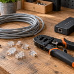 Przewód Ethernet, przezroczyste wtyki RJ45, zaciskarka i tester kabli sieciowych na drewnianym blacie warsztatowym.